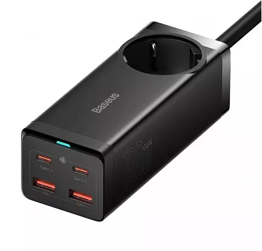 Сетевое зарядное устройство Baseus GaN3 Pro Desktop Powerstrip AC+2U+2C 100W EU Black With Mini White Cable Type-C to Type-C 100W, 20V/5A, 1 м Black）