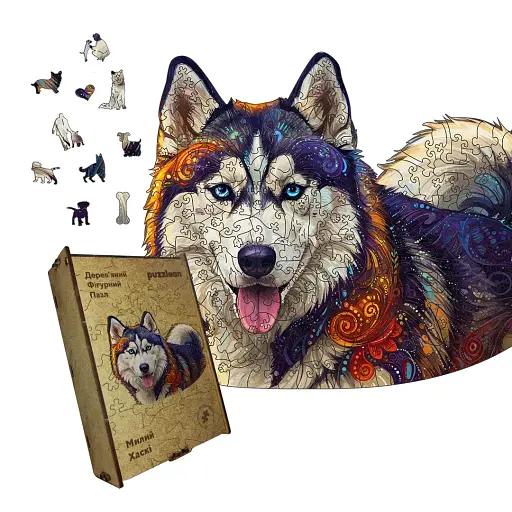 Деревянный пазл Милый Хаски, А1, Картонная коробка 500+ элементов