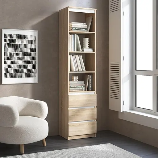 Пенал для книг Vays R-25 Дуб Сонома-Белые планки, с открытыми полками и ящиками, без ручек, ЛДСП, 50×40×211 см - для гостиной, спальни