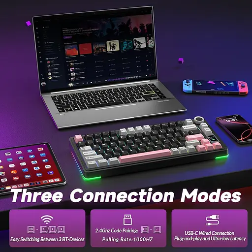 Механическая клавиатура AULA S75 Pro / 75% / Три режима подключения / Seyia Switch / Black Pink - фото 5