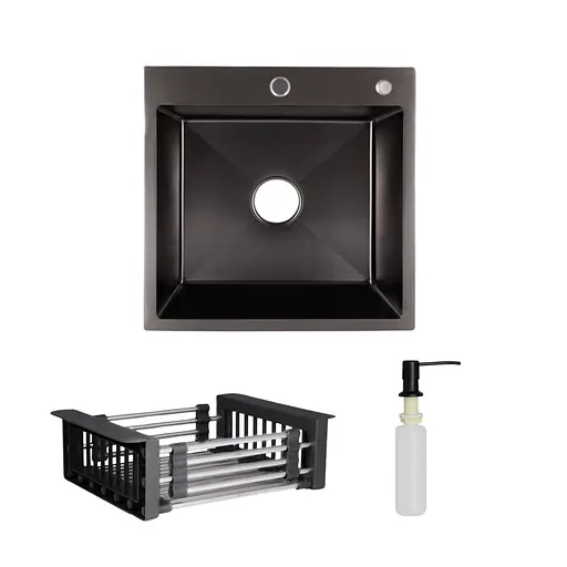 Кухонна мийка Lidz Handmade H5050B інтегрована BlackPVD у комплекті з дозатором та корзиною, Чорний - фото 1