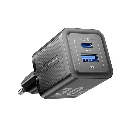 Мережевий зарядний пристрій Vention 2-Port USB (C + A) GaN Charger (30W/30W) EU-Plug чорний - фото 1