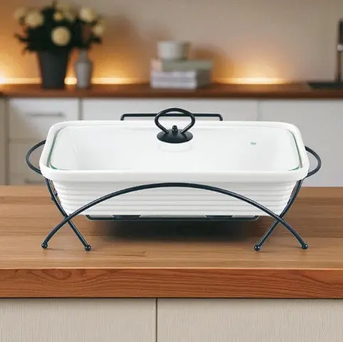 Мармит Maestro MR-11562-73 Керамическая мармитница с крышкой 2,4 л на подставке овальная 36,5 см Белый - фото 3