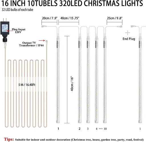 EEIEER Метеорные светодиодные огни, гирлянда 15,7 дюйма 10 трубок 320 светодиодов Рождественские метеорные огни Сосульки огни - фото 5