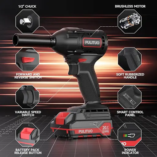 Безщітковий акумуляторний ударний гайковер PULITUO 20 В, 1/2-дюймовий патрон, 2800 об/хв, літій-іонний акумулятор 2,0 Ач - фото 5