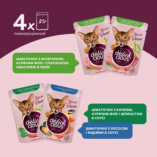 Корм влажный для кошек Delickcious Набор №3 340 г (85 г х 4 шт.) - фото 5