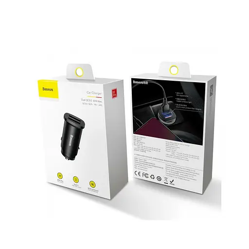 Авто адаптер - ЗП Baseus Square metal A+A 30W Dual QC3.0 Car Charger+ SCP AFC Черный - фото 2
