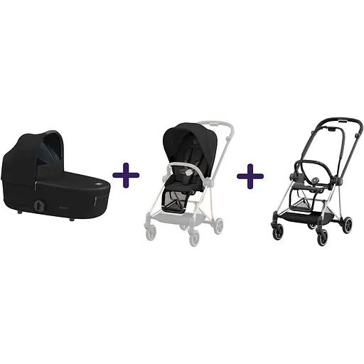 Люлька Cybex Mios Lux Deep Black + Текстиль для прогулянкового блоку Cybex Mios Deep Black + Шасси для коляски Cybex Mios LS RBA Chrome Black