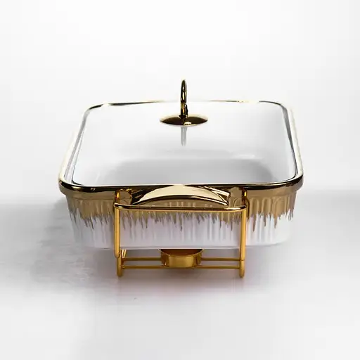 Мармитница фарфоровая Yiwu 2 л на золотистой металлической подставке с подогревом 40х22.5х15.5 см мармит для первых блюд ML-860-15 - фото 3