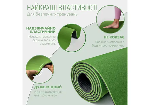 Коврик для йоги и фитнеса EasyFit TPE+TC 6 мм двухслойный, зеленый с черным (EF-1924s-GNBK) - фото 3