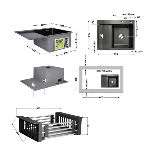 Кухонна мийка Lidz Handmade H6350BL інтегрована крило зліва BlackPVD у комплекті з дозатором та корзиною, Чорний - фото 2