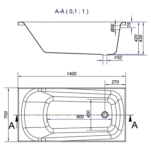 Ванна Cersant Nao ABS 140x70 з ніжками S301-247 - фото 3