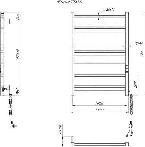 Электрический полотенцесушитель HF London 770x530 black matte 6.1.0102.06.BM, Черный матовый, универсальное (коннектор), Электронный - фото 5