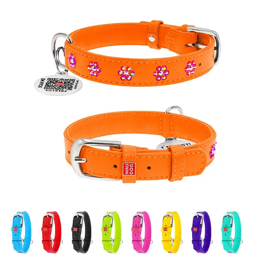 Нашийник для собак шкіряний Waudog Glamour з QR-паспортом з клейовими стразами "Квіти" Ш 20 мм Д 30-39 см - фото 2