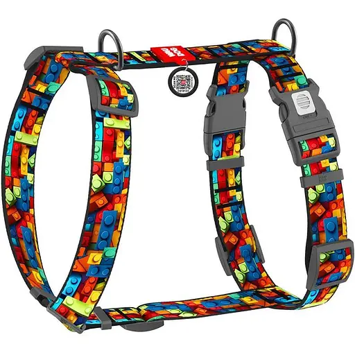 Шлея для собак Waudog Nylon анатомічна H-подібна з QR-паспортом, малюнок "Блоки", пластиковий фастекс, XL