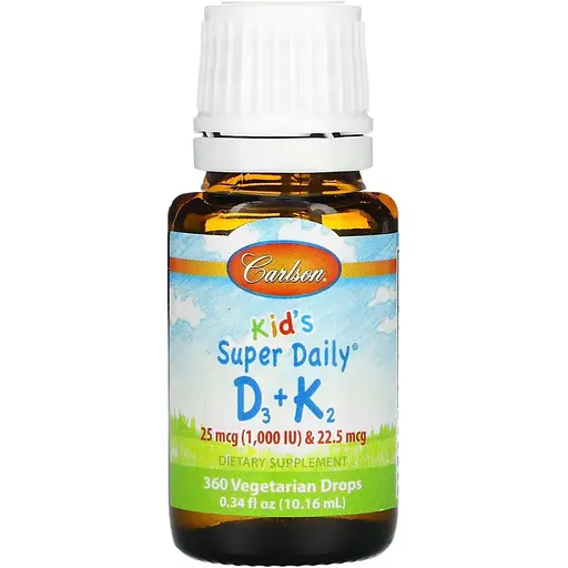 Набір: вітамін D3+K2 для дітей Carlson Kid's Super Daily D3+K2 1000 МО 22.5 мкг у краплях 10.16 мл  + вітамін D3+K2 Carlson Vitamin D3+K2 2000 МО 90 мкг 30 вегетаріанських капсул - фото 2