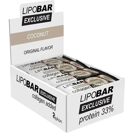 Блок батончиків LipoBar Exclusive Protein Bar, 20*50 грам збагачений біоактивним колагеном Peptan - Кокос