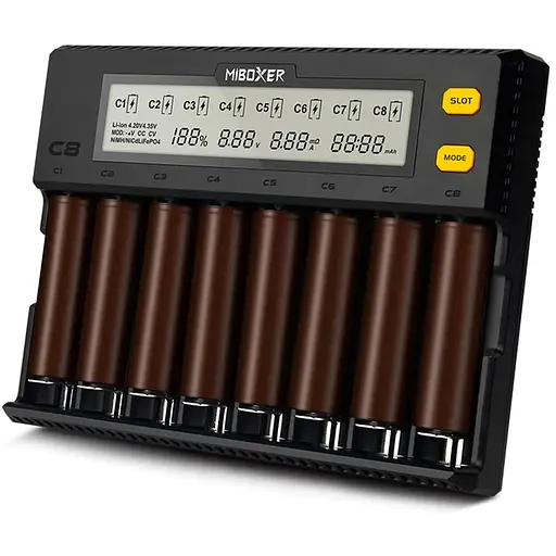 Зарядное устройство универсальное PUJIMAX, 8 каналов, LED инд., поддерживает Li-ion, Ni-MH и Ni-Cd AA(R6), ААA(R03), AAAA, С(R14), 1,2V 2000mA