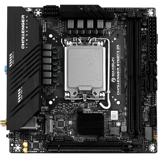 Материнская плата Maxsun LGA1700, Terminator B760ITX D5, B760, 2xDDR5, Int.Video(CPU), 4xSATA3, 1xPCI-E 16x 5.0, 2xM.2 4.0, Dual LAN 2.5G+1G, ALC897, 4xUSB3.2/4xUSB2.0, 2xDP/2xHDMI, Mini-ITX (MS-Challenger B760ITX D5)