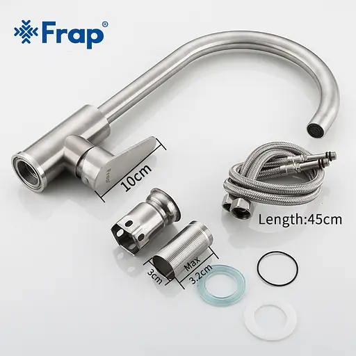 F4048 (H48) Змішувач для кухні одноважільний гусак вухо корпус з нержавіючої сталі гайка Ø35 Frap 1/10 Хром матовый - фото 3