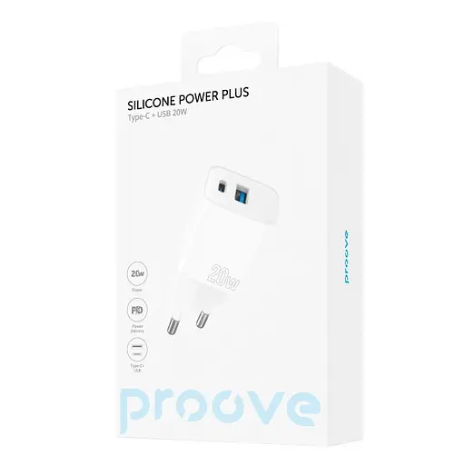 Зарядное устройство адаптер Proove Silicone Power Plus 20W (Type-C+USB) белое - фото 5