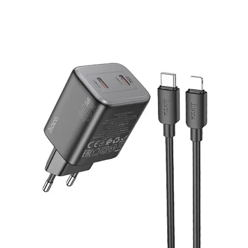 Мережевий зарядний пристрій Hoco N42 2 Type-C PD 45W чорний + кабель Type-C to Lightning - фото 2