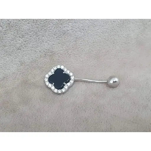 Серебряная серьга для пирсинга пупка Клевер с ониіксом. 6025 - фото 2