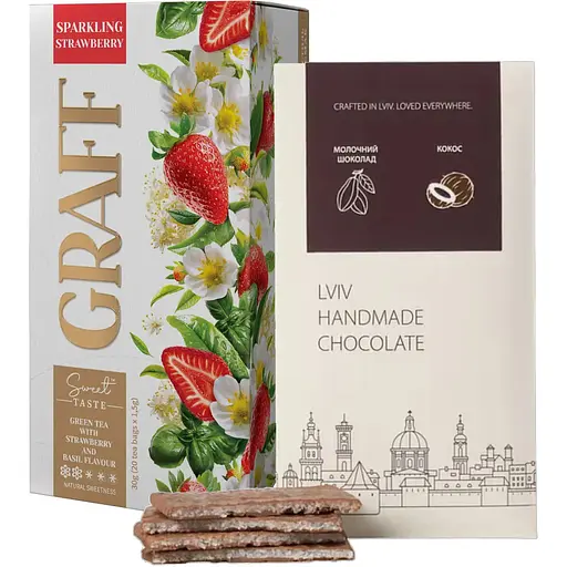Набор: чай зеленый Graff Sparkling Strawberry с ароматом клубники и базилика 20 шт. x 1.5 г + шоколад Львівська Майстерня Шоколаду молочный с кокосовой начинкой 74 г