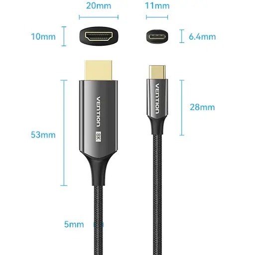 Кабель USB 3.1 Type-C M - HDMI M, 1.8m 8K 60 Гц Zinc Alloy TPE Black Vention - фото 4