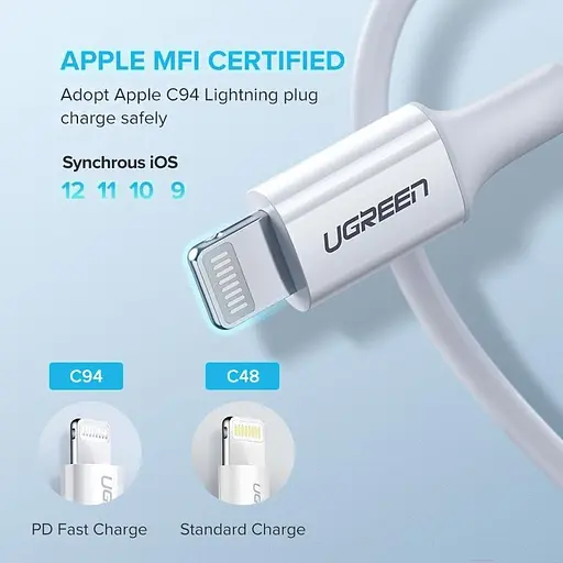 Кабель Ugreen USB 2.0 Type-C M-Lightning M, 1 м, 3A, Nickel Plating ABS Shell Білий, US171 - фото 4