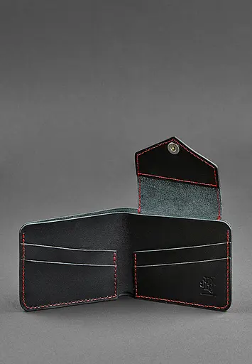 Кожаное портмоне 4.2 на черной кнопке с красной нитью - фото 4