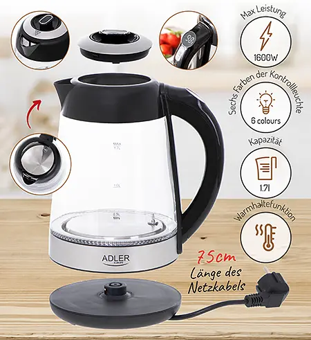 Стеклянный чайник 1.7 л с регулятором температуры Adler AD 1285 - фото 2