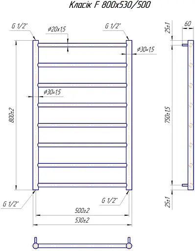 Водяной полотенцесушитель Mario Классик F 800x530/500 1.1.5906.01.P, Хром, нижнее - фото 5