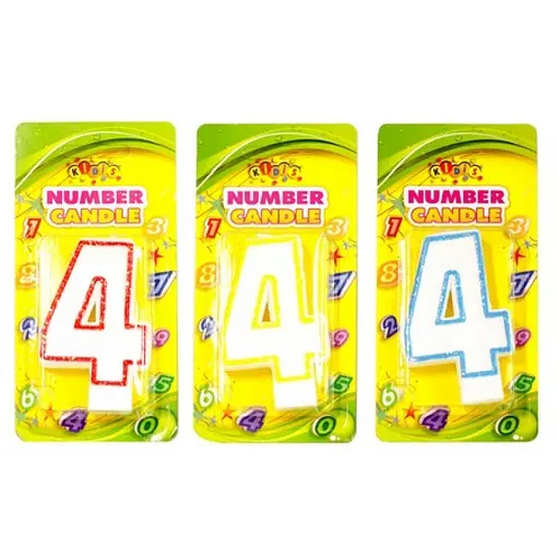 Свічка-цифра з кольоровим контуром і глітером всередині, цифра 4, 4 шт. в упаковці