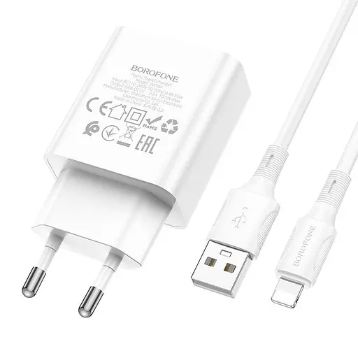 Адаптер сетевой BOROFONE Lightning Cable Aspirer single port charger set BA74A 1USB белый - фото 1