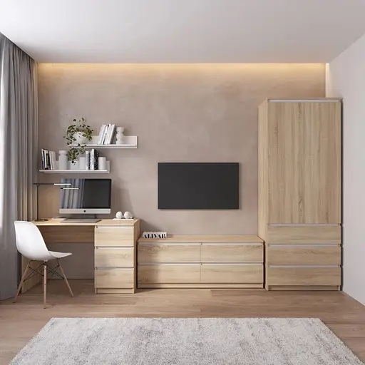 Комплект мебели в гостиную VAYS шкаф R-9, тумба R-6, стол R-1, полки М-22, дуб сонома-белые планки