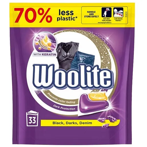 Засіб для прання Woolite для чорних та джинсових тканин з кератином 33 капсули