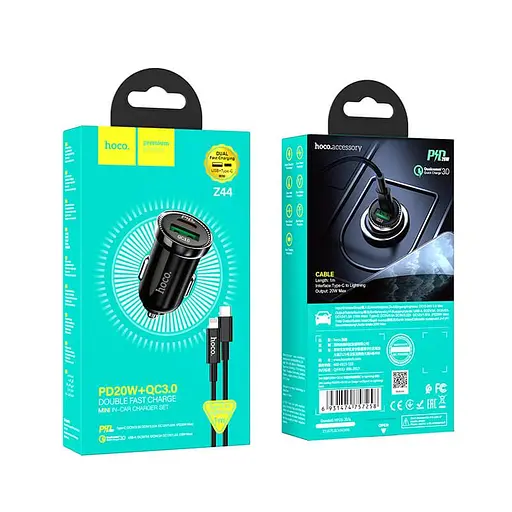 Адаптер автомобильный HOCO Type-C to Lightning Cable Leading car charger Z44 2USB, 3A, 20W, QC/PD| - фото 6