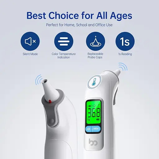 Термометр для ушей профессиональной точности для взрослых и младенцев, 3-цветный код предупреждения о лихорадке - фото 2