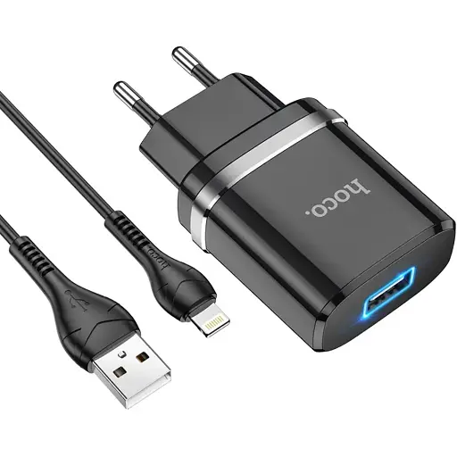 Зарядний пристрій Hoco N1 USB чорний + кабель USB to Lightning - фото 1