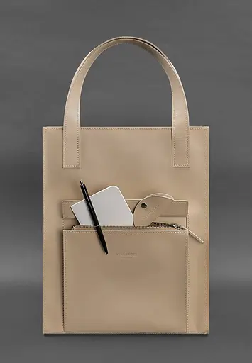 Шкіряна жіноча сумка шоппер Бетсі з кишенею світло-бежева Краст - фото 3