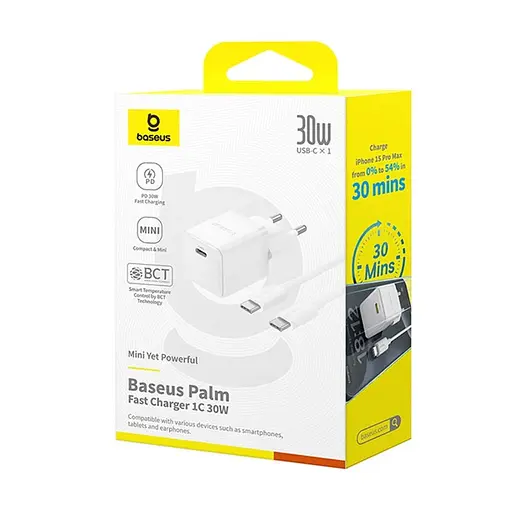 МЗП Baseus Palm Fast Charger 30W (1USB-C) + кабель Type-C to Type-C (P10111605113-01) Moon White - фото 6