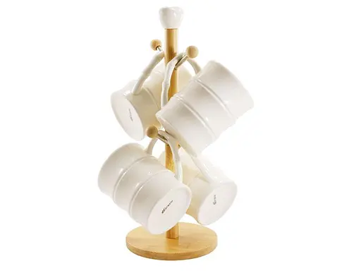 Набор кружек на деревянной стойке фарфоровой Grazie 4 предмета по 300 мл белый (PJ03775)