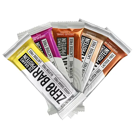 Набір батончик протеїнових BiotechUSA Zero Bar: Chocolate-Banana + Chocolate-Marzipan + Chocolate-Caramel + Cappuccino + Double chocolate 250 г (5 шт. х 50 г)