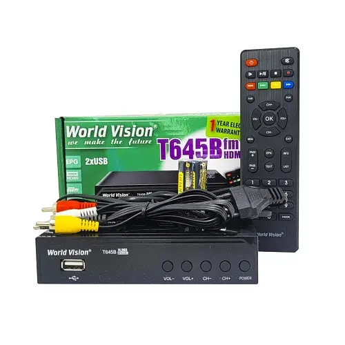 TV-тюнер внешний автономный World Vision T645B, Black, H.265, AC3, DolbyDigital, DVB-T2/T/C, FM тюнер, IPTV, DLNA, Stalker, 7 кнопок, дисплей, 2хUSB, металлический корпус, обучаемый пульт для управления ТВ, встроенный блок питания, CPU-GX6706 - фото 3