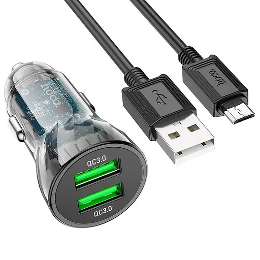 Адаптер автомобильный HOCO Micro USB cable Dual port Z47 2USB, QC, 3A - фото 1