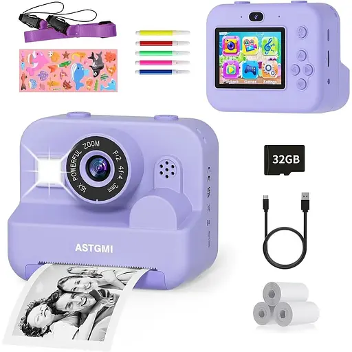 Детская селфи-камера с мгновенной печатью для мальчиков и девочек 1080P HD с бумагой для печати и картой 32 ГБ - фото 2