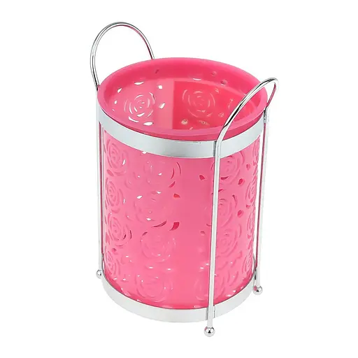 Підставка стійка хромована для столових приладів Троянди на ніжках пластмасова вставка Ø 10.5 см H 18 см, Kitchen Master Рожевий 86898 - фото 2