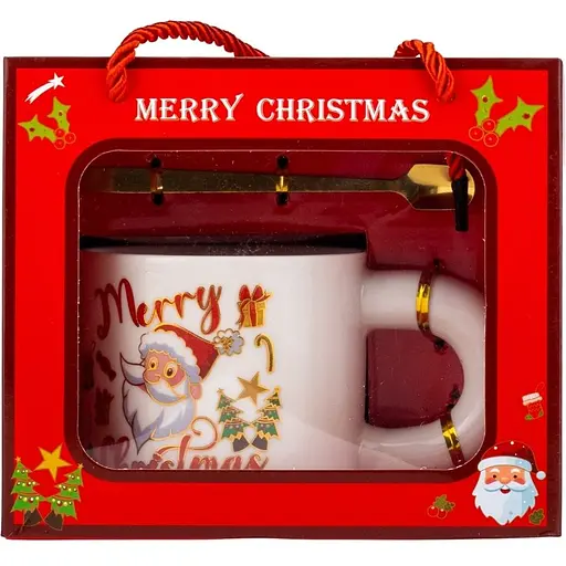 Чашка новогодняя Elisey 9150-021 Funny Santa керамическая с ложкой 300 мл Белая - фото 1