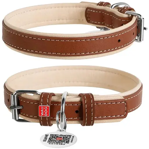Ошейник для собак Waudog Soft с QR паспортом кожаный Ш 35 мм, Д 57-71 см коричневый - фото 1